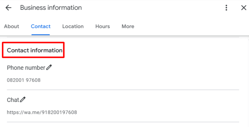 contact information google business profile