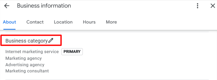 select business category google business profile